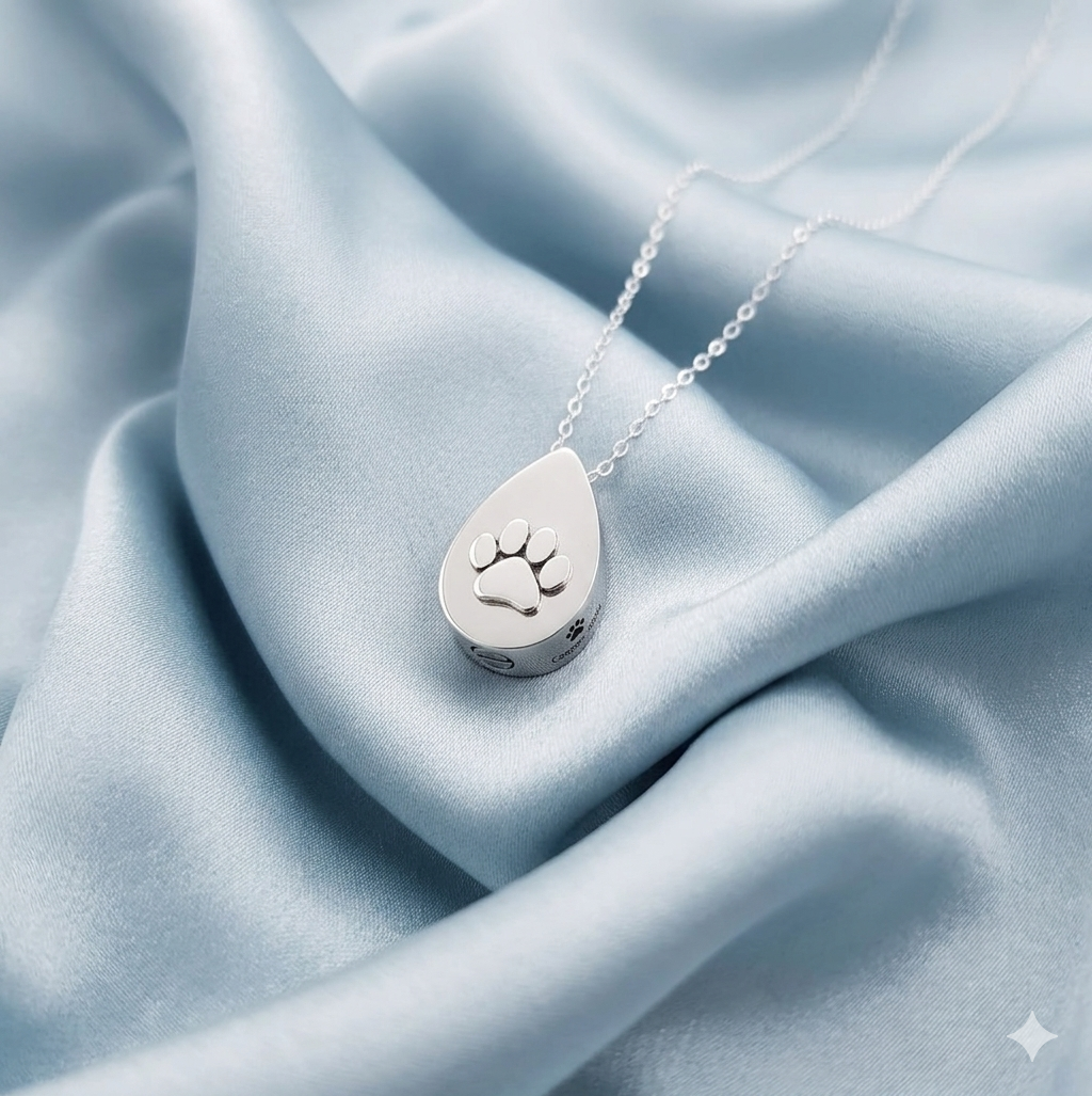 Dog Paw Urn Pendant Necklace - Stainless Steel and Sterling Silver